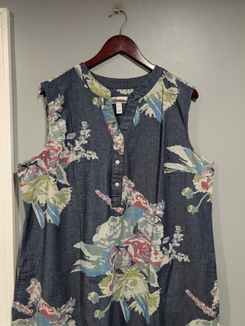Denim & Co Dress Womens XL Blue Floral Sleeveless Button Front Pockets Casual - Picture 3 of 16